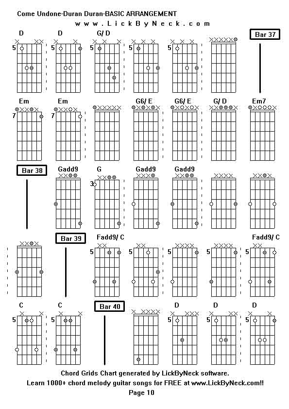 Chord Grids Chart of chord melody fingerstyle guitar song-Come Undone-Duran Duran-BASIC ARRANGEMENT,generated by LickByNeck software.